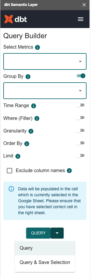 Query and save selections in the Query Builder using the arrow next to the Query button.